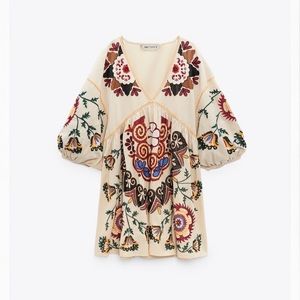 Zara linen blend embroidered mini dress, size XS